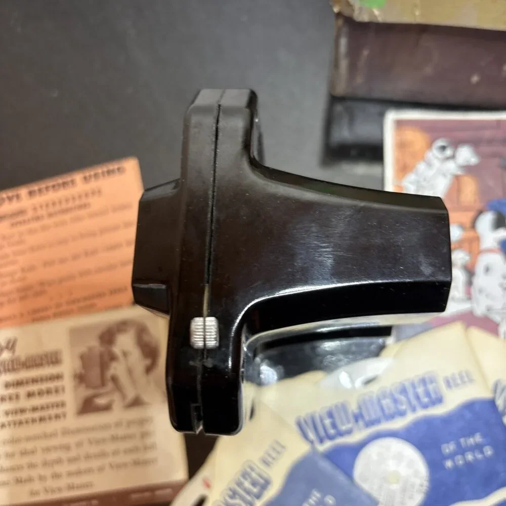 View Master Stereoscope Lot w Storage Box 4 Reels 1950s Vintage Bakelite Sawyers
